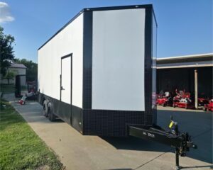 8.5×20 White V-Nose Enclosed Trailer with Blackout Pkg 9′ Interior (2) 10,000LB Axles