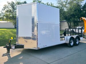 7×18 White Hybrid V Nose Trailer with 1′ Mesh Siding (2) 5,200lb Axles