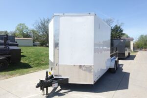 7×18 White Hybrid Enclosed V Nose (2) 7K Axles 2 Ft Fold Down Mesh Sides Pintle Hitch - Image 2