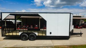 8.5′ x 24′ White Hybrid Trailer w/ Roof – Covered Rear Deck & Generator Box