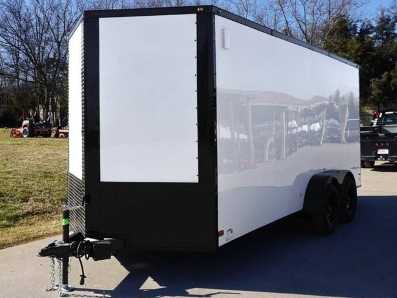 7×16 Enclosed Trailer White V-Nose Blackout Package Tandem Axle Storage 7×16 Enclosed Trailer White V-Nose Blackout Package Tandem Axle Storage - Image 1