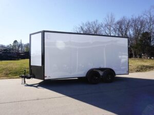 7×16 Enclosed Trailer White V-Nose Blackout Package Tandem Axle Storage - Image 3
